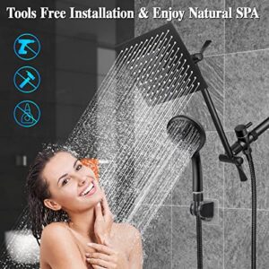 Tiluza 8-Inch Square Rain Shower Head with Handheld, High Pressure, Black Rainfall Waterfall Bathroom Dual 11-Inch Extension Arm, 10 Spray Modes, 60-Inch Hose, Adjustable 180-Degree Angle