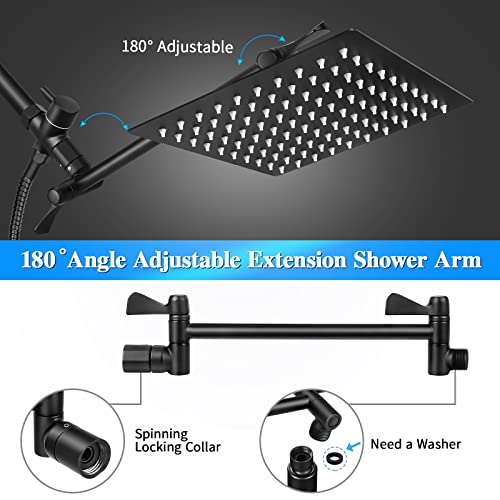 Tiluza 8-Inch Square Rain Shower Head with Handheld, High Pressure, Black Rainfall Waterfall Bathroom Dual 11-Inch Extension Arm, 10 Spray Modes, 60-Inch Hose, Adjustable 180-Degree Angle