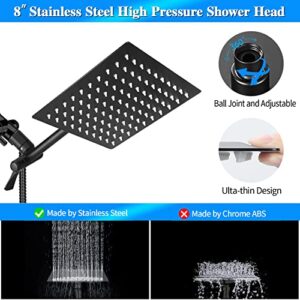 Tiluza 8-Inch Square Rain Shower Head with Handheld, High Pressure, Black Rainfall Waterfall Bathroom Dual 11-Inch Extension Arm, 10 Spray Modes, 60-Inch Hose, Adjustable 180-Degree Angle