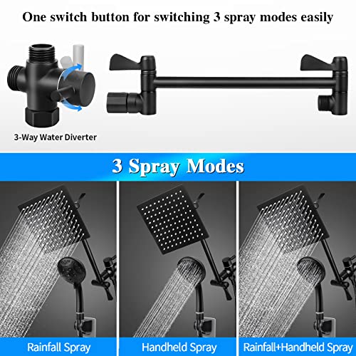 Tiluza 8-Inch Square Rain Shower Head with Handheld, High Pressure, Black Rainfall Waterfall Bathroom Dual 11-Inch Extension Arm, 10 Spray Modes, 60-Inch Hose, Adjustable 180-Degree Angle