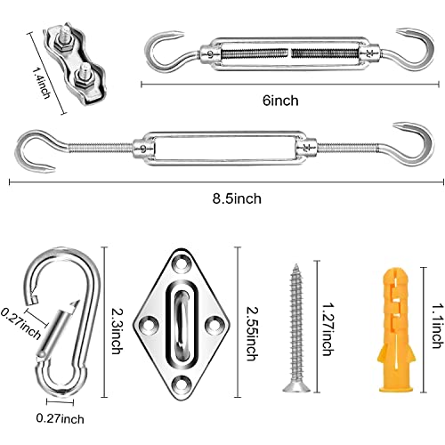 Sun Shade Sail Hardware Kit 6 inch with 4pcs 4 * 12ft Cable Wire Rope 304 Stainless Steel for Patio, Garden Triangle Rectangle and Square Sun Shade Sails Installation 59 pcs