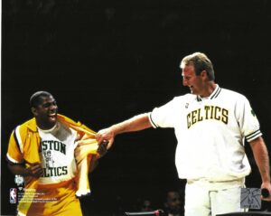 magic johnson and larry bird boston celtics los angeles lakers share a laugh during pre game warm ups. 8x10 photo picture