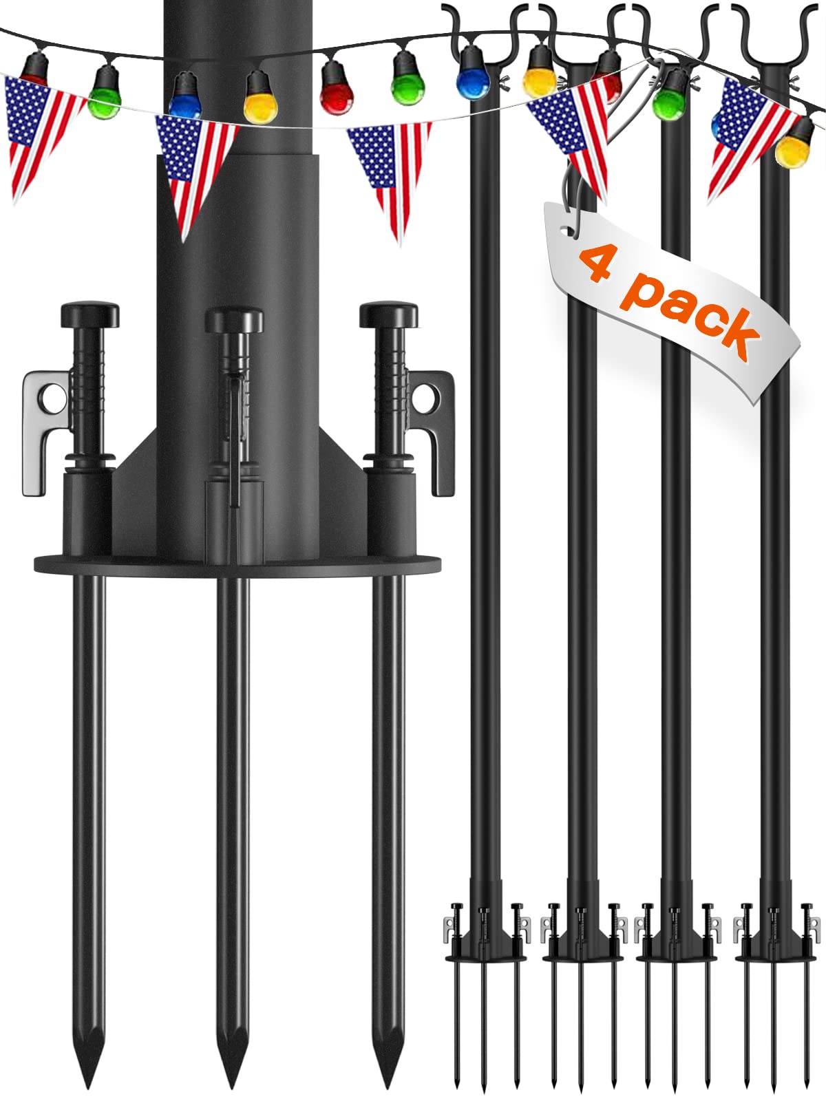 addlon 4 Pack String Light Poles Pro 10ft, Aluminum Waterproof Harder Outdoor Poles with Hooks for Hanging, Patio, Garden, Wedding, Parties - Classic Black