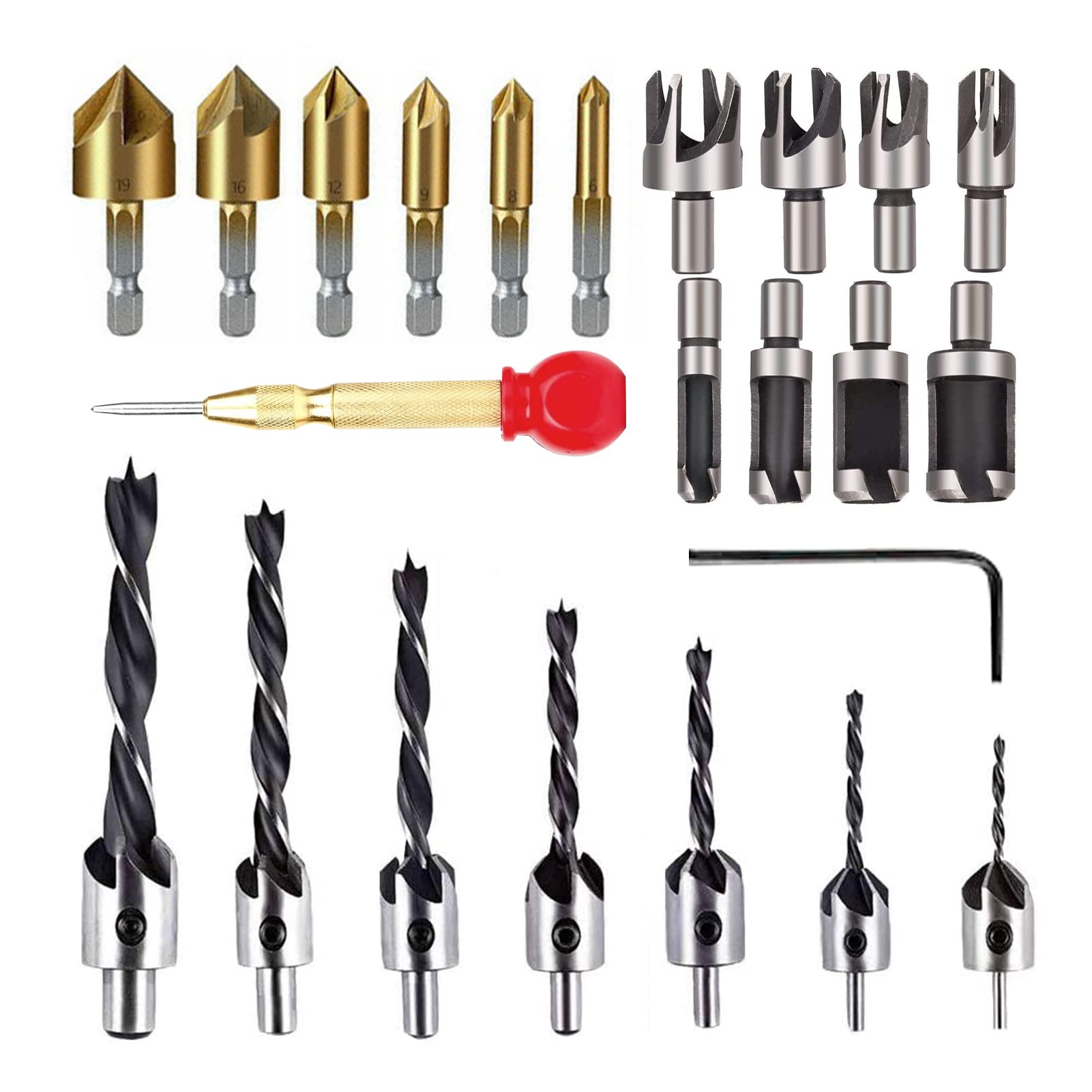 23-Pack Woodworking Chamfer Drilling Tool,5 Flute 90 Degree Countersink Drill Bits,Three Pointed Countersink Drill Bit with L-Wrench,Wood Plug Cutter Tool Drill Bits,Center Punch