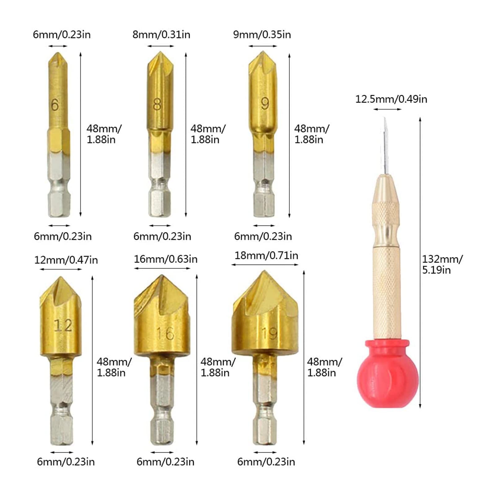 23-Pack Woodworking Chamfer Drilling Tool,5 Flute 90 Degree Countersink Drill Bits,Three Pointed Countersink Drill Bit with L-Wrench,Wood Plug Cutter Tool Drill Bits,Center Punch