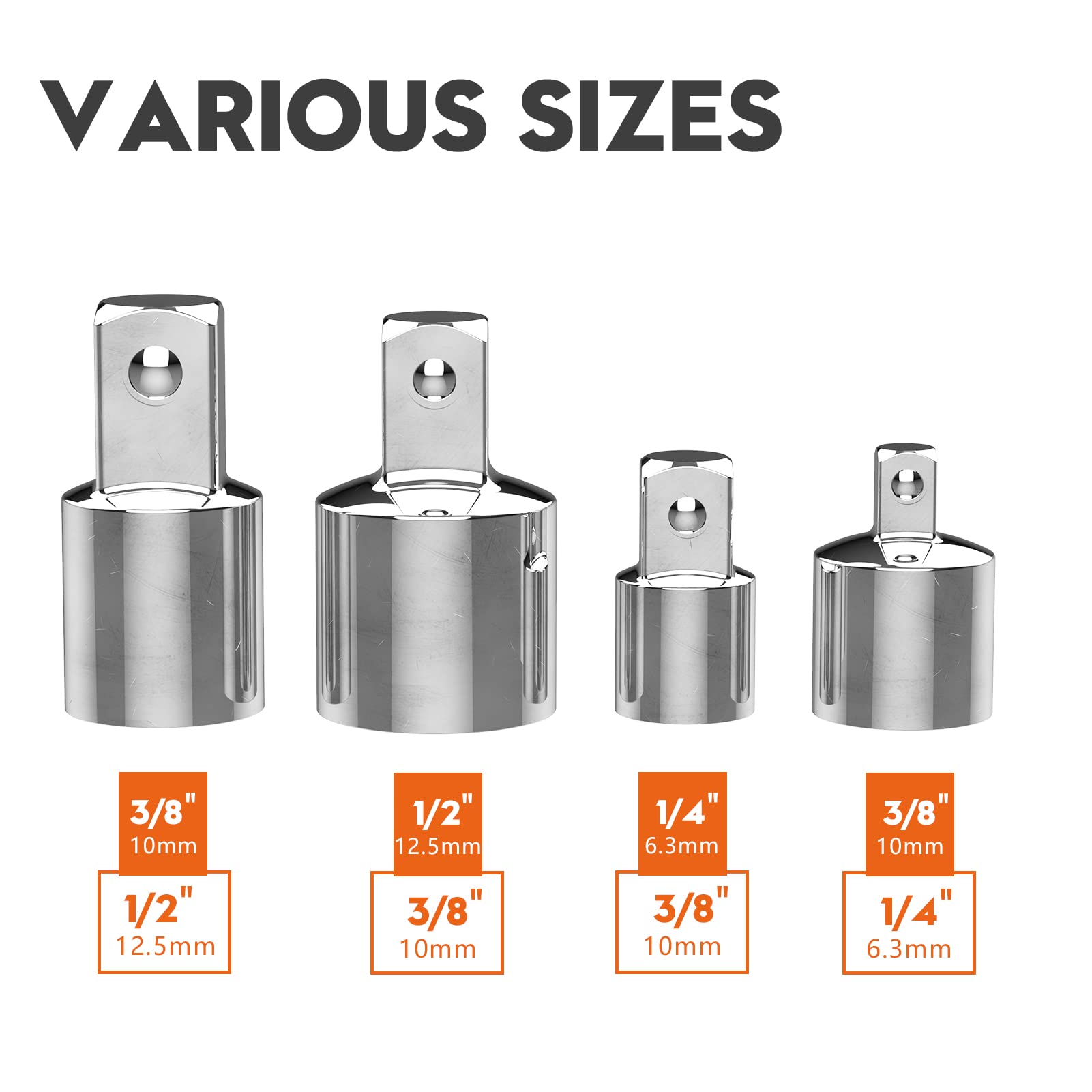 Impact Socket Adapter and Reducer Set 4-Piece for Impact Driver Ratchet Docket Extentsion Conversion Tool 1/4 to 3/8 x 3/8 to 1/4 x 3/8 to 1/2 x 1/2 to 3/8,Square Ratchet Socket Adapter,Cr-V(Silver)