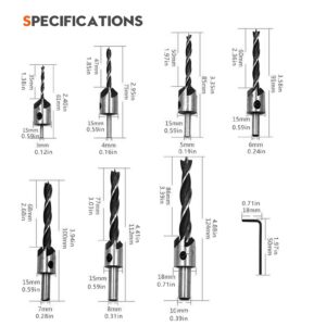 23-Pack Woodworking Chamfer Drilling Tool,5 Flute 90 Degree Countersink Drill Bits,Three Pointed Countersink Drill Bit with L-Wrench,Wood Plug Cutter Tool Drill Bits,Center Punch