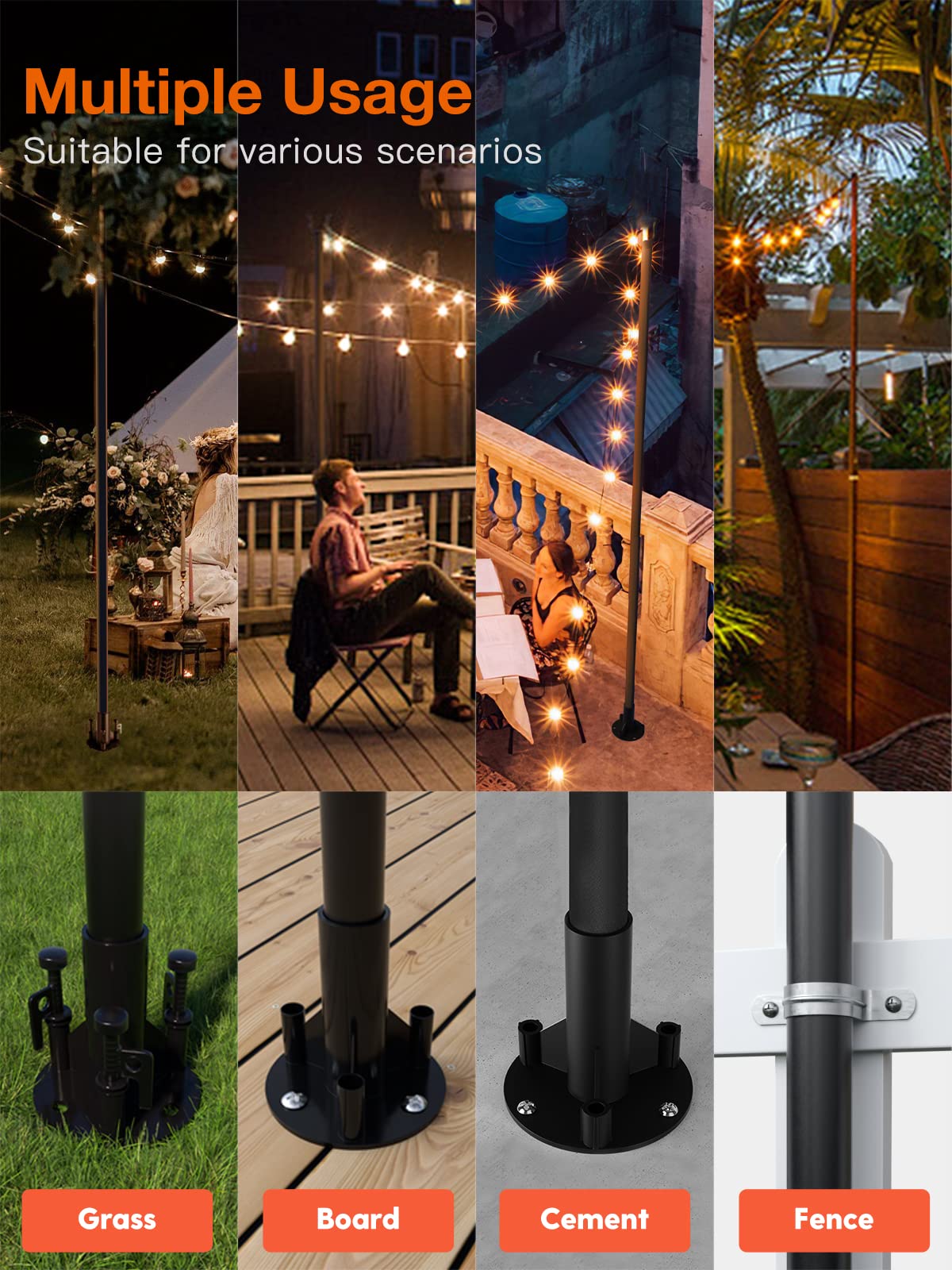 addlon 4 Pack String Light Poles Pro 10ft, Aluminum Waterproof Harder Outdoor Poles with Hooks for Hanging, Patio, Garden, Wedding, Parties - Classic Black