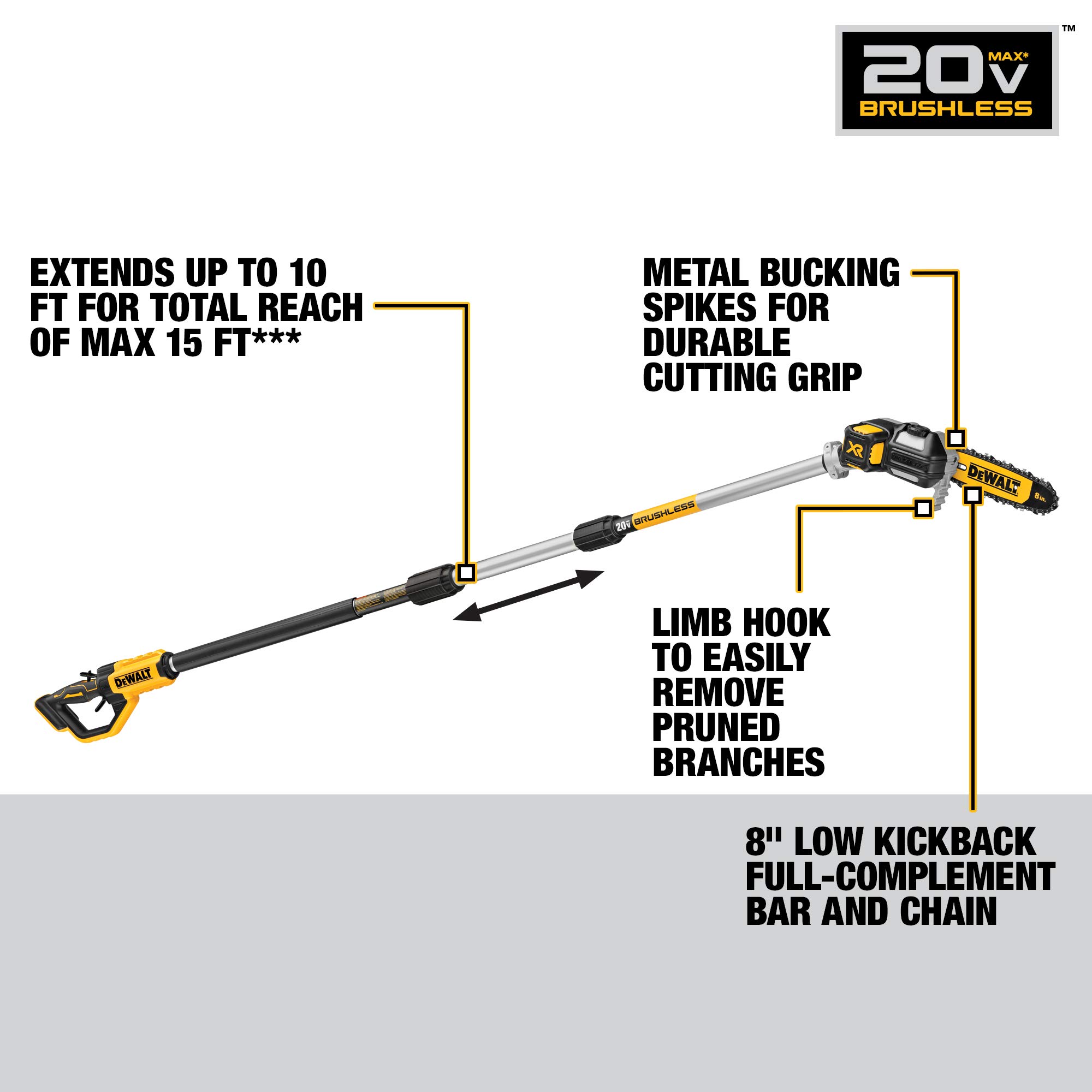 DEWALT 20V MAX* Pole Saw & Hedge Trimmer Attachment, 15-foot Reach, Brushless (DCPS620M1 & DCPH820BH)