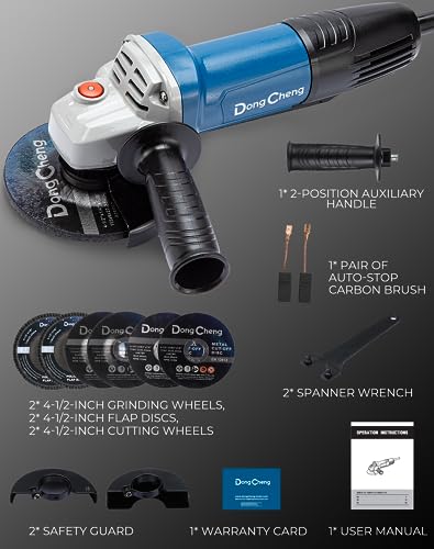 DongCheng Angle Grinder 4-1/2 inch 6.7-Amp Paddle Switch Cut off Tool 11800RPM Electric Grinder Power Tools with Cutting & Grinding Wheels, Flap Discs, Auxiliary Handle for Wood Metal & Rust Removal