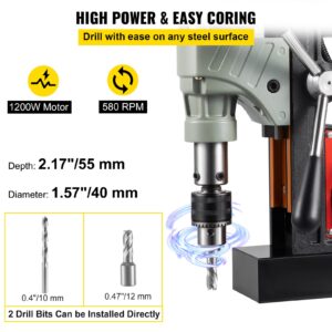 VEVOR Magnetic Drill, 1200W 1.57" Boring Diameter, 2922lbf/13000N Portable Electric Mag Drill Press with Double Dovetail Rail, 580 RPM Variable Speed Drilling Machine for any Surface, CE Listed