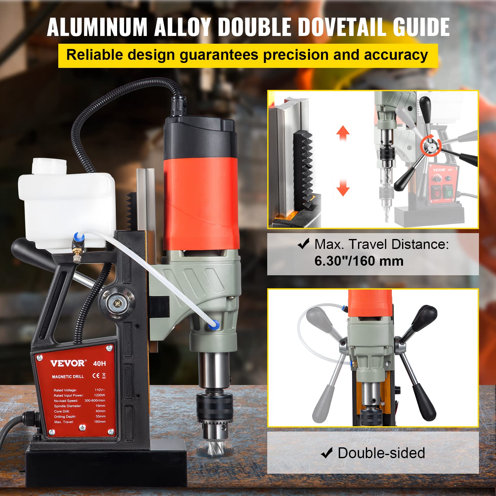 VEVOR Magnetic Drill, 1200W 1.57" Boring Diameter, 2922lbf/13000N Portable Electric Mag Drill Press with Double Dovetail Rail, 580 RPM Variable Speed Drilling Machine for any Surface, CE Listed