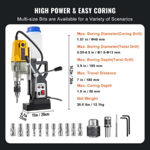 VEVOR Magnetic Drill, 1100W 1.57" Boring Diameter, 2697lbf/12000N Portable Electric Mag Drill Press with 12 Drilling Bits, 580 RPM Max Speed Drilling Machine for any Surface and Home Improvement