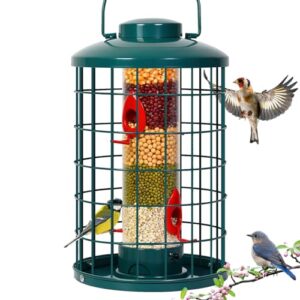 mosloly caged bird feeder for wild birds outside, large squirrel-proof heavy-duty metal hanging tube bird feeder, 4 feeding ports, 13.2'' high, 3lb seed capacity (green)