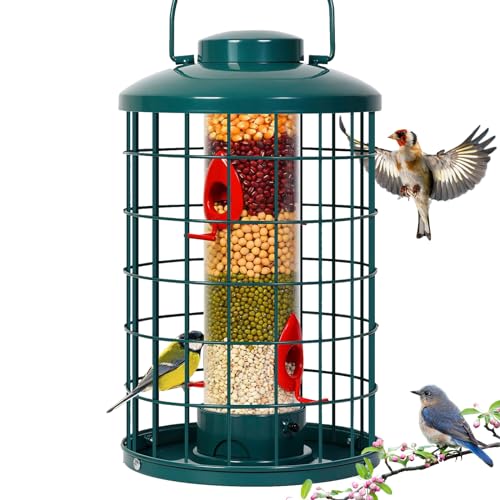 Mosloly Caged Bird Feeder for Wild Birds Outside, Large Squirrel-Proof Heavy-Duty Metal Hanging Tube Bird Feeder, 4 Feeding Ports, 13.2'' High, 3LB Seed Capacity (Green)