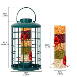 Mosloly Caged Bird Feeder for Wild Birds Outside, Large Squirrel-Proof Heavy-Duty Metal Hanging Tube Bird Feeder, 4 Feeding Ports, 13.2'' High, 3LB Seed Capacity (Green)