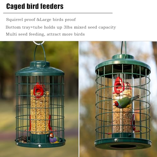 Mosloly Caged Bird Feeder for Wild Birds Outside, Large Squirrel-Proof Heavy-Duty Metal Hanging Tube Bird Feeder, 4 Feeding Ports, 13.2'' High, 3LB Seed Capacity (Green)