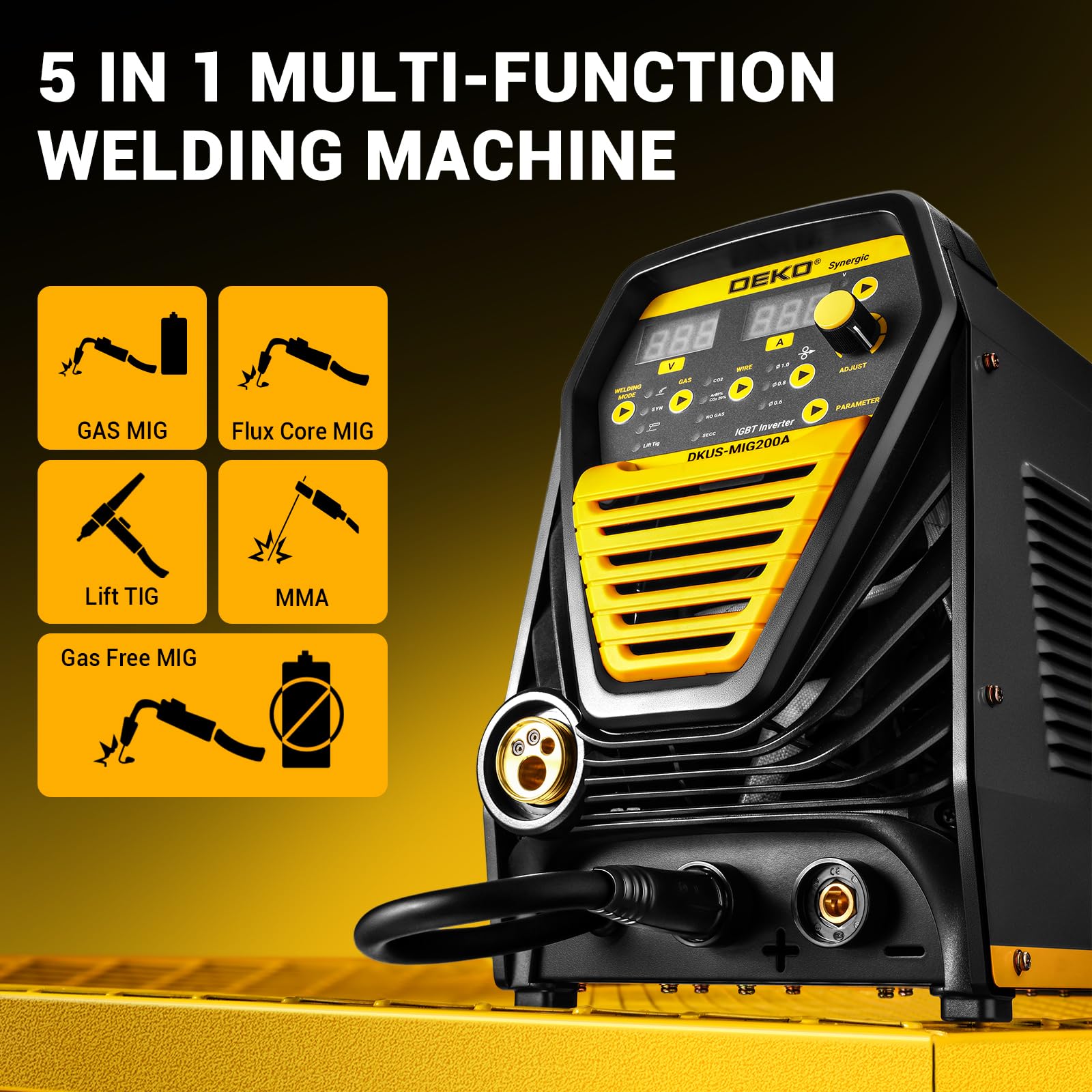 DEKO Digital 200A MIG/MMA Welder, SYNERGIC DC Inverter Welding Machine,110V/220V Fully Digitally Control with Wire Brush,Earthing Cable,Electrode Holder,Welding Gun,Digital Panel