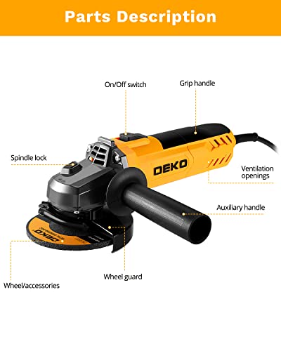 DEKOPRO 110V Angle Grinder, 4-1/2" Max. Wheel Dia., 7.5A Grinders Power Tools, 12000RPM No Load Speed, 1 Grinding Wheel, Grinder Tool for Grinding, Sanding, Wire Brushing or Abrasive Cutting-Off