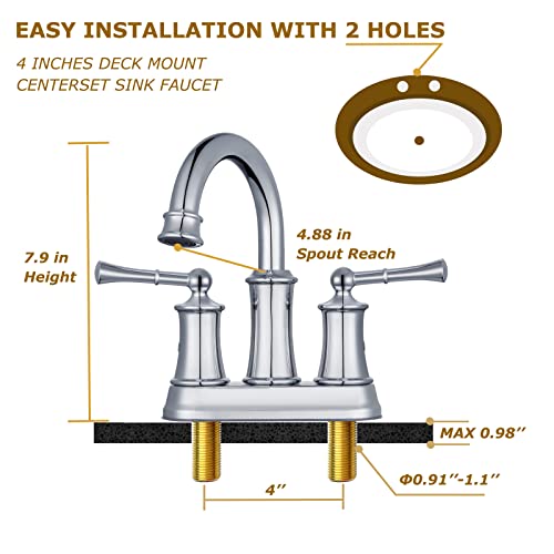 Hangoro Bathroom Faucet, 2 Lever Handles Centerset Faucets for Bathroom Sink, Touch On Bathroom Faucets w/Pop Up Drain for Vanity, Lavatory, Bathroom or Sink, Chrome(L2303-CP)