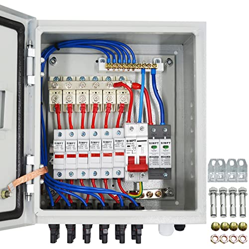 6 String PV Combiner Box, Waterproof Solar Combiner Box with Circuit Breaker LED, 10A Rated Current Fuse with Lightning Arrester and 63A DC Breaker Solar Connector for On/Off Grid Solar Panel System