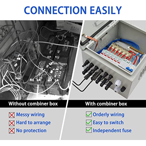 6 String PV Combiner Box, Waterproof Solar Combiner Box with Circuit Breaker LED, 10A Rated Current Fuse with Lightning Arrester and 63A DC Breaker Solar Connector for On/Off Grid Solar Panel System