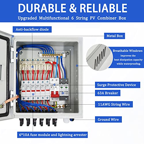 6 String PV Combiner Box, Waterproof Solar Combiner Box with Circuit Breaker LED, 10A Rated Current Fuse with Lightning Arrester and 63A DC Breaker Solar Connector for On/Off Grid Solar Panel System