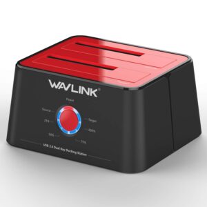 wavlink usb 3.0 to sata i/ii/iii dual bay external hard drive enclosure docking station, caddy reader for 2.5/3.5 inch sata hdd ssd, 2x16tb and uasp offline cloner, disk duplicator function- red