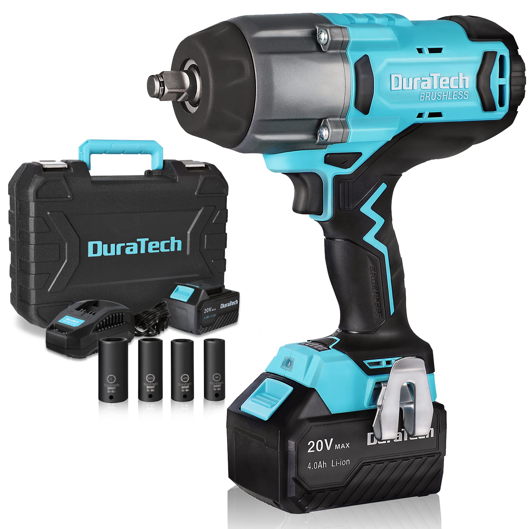 DURATECH 20V 1/2 Inch Cordless Impact Wrench, 600 Ft-Lbs, Brushless Motor, 5 Settings, Fast Charge 4.0Ah Li-ion Battery, Sockets Included