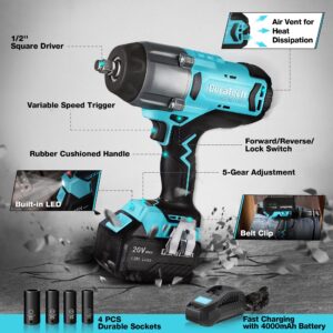 DURATECH 20V 1/2 Inch Cordless Impact Wrench, 600 Ft-Lbs, Brushless Motor, 5 Settings, Fast Charge 4.0Ah Li-ion Battery, Sockets Included