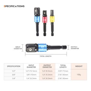 3Pcs Impact Grade Driver Sockets Drill Adapter Extension Set 1/4", 1/2", 3/8 Reducer Set Turns Power Drill Into High Speed Nut Driver Socket to Drill Adpater Drill Hex Bit Socket Adapter