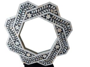 handmade mother of pearl inlay hexagonal black floral pattern mirror frame | handmade mop inlay mirror frame for home decor