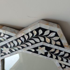 Handmade Mother Of Pearl Inlay Hexagonal Black Floral Pattern Mirror Frame | Handmade MOP Inlay Mirror Frame For Home Decor