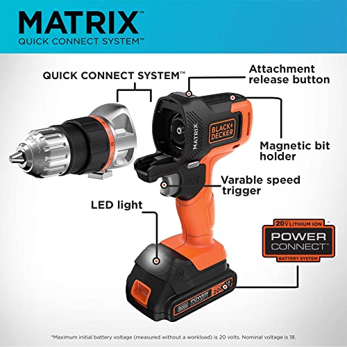 BLACK+DECKER MATRIX 20V MAX Power Tool Kit, Includes Cordless Drill, 12 Attachments and Storage Case (BDCDMT1212KITC1)