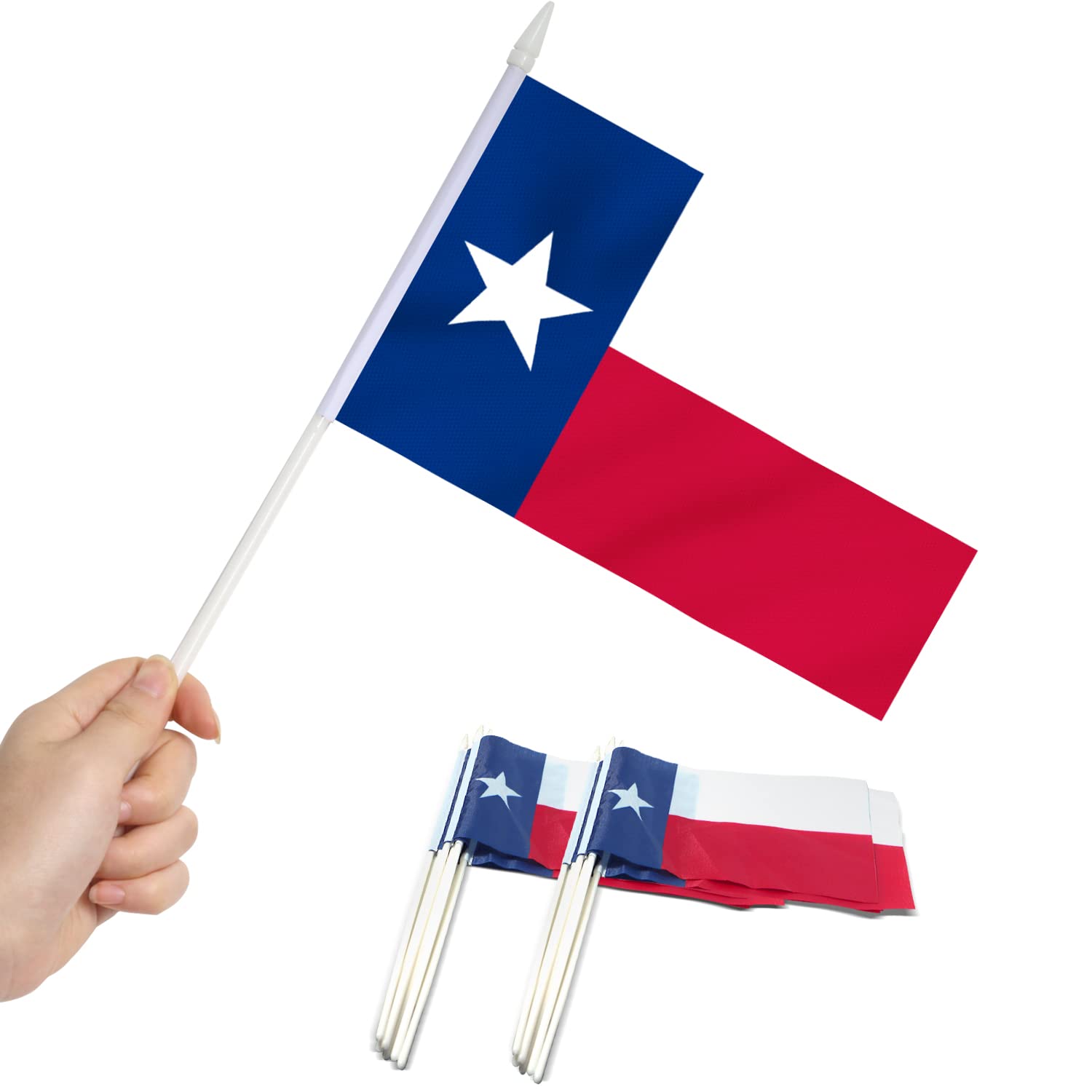 Anley Texas State Mini Flag 12 Pack - Hand Held Small Miniature TX Lone Star Flags on Stick - Fade Resistant & Vivid Colors - 5x8 Inch with Solid Pole & Spear Top