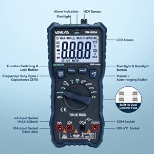 VENLAB Digital Multimeter TRMS 6000 Counts Volt Amp Meter Ohm Auto-Ranging Multimeter Tester with NCV,Measures Voltage Current Resistance Diodes Continuity Duty-Cycle Capacitance Temperature