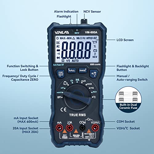 VENLAB Digital Multimeter TRMS 6000 Counts Volt Amp Meter Ohm Auto-Ranging Multimeter Tester with NCV,Measures Voltage Current Resistance Diodes Continuity Duty-Cycle Capacitance Temperature