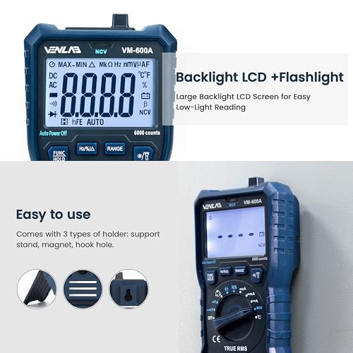 VENLAB Digital Multimeter TRMS 6000 Counts Volt Amp Meter Ohm Auto-Ranging Multimeter Tester with NCV,Measures Voltage Current Resistance Diodes Continuity Duty-Cycle Capacitance Temperature