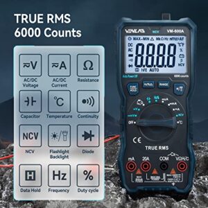 VENLAB Digital Multimeter TRMS 6000 Counts Volt Amp Meter Ohm Auto-Ranging Multimeter Tester with NCV,Measures Voltage Current Resistance Diodes Continuity Duty-Cycle Capacitance Temperature