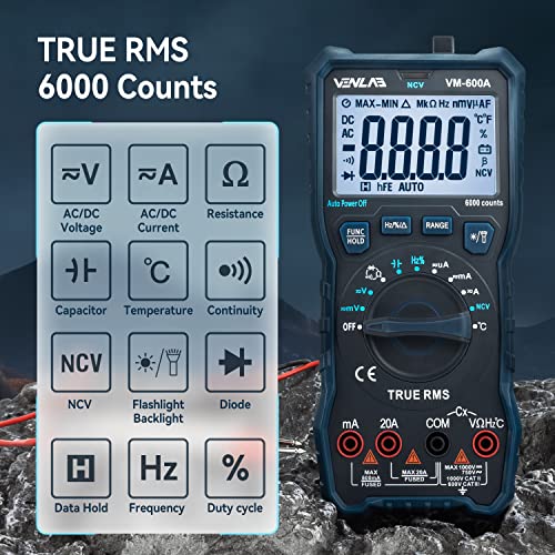 VENLAB Digital Multimeter TRMS 6000 Counts Volt Amp Meter Ohm Auto-Ranging Multimeter Tester with NCV,Measures Voltage Current Resistance Diodes Continuity Duty-Cycle Capacitance Temperature