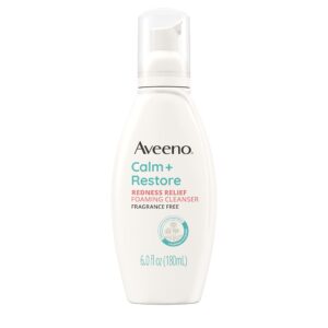 aveeno calm + restore redness relief foaming cleanser, daily facial cleanser with calming feverfew to help reduce the appearance of redness, hypoallergenic & fragrance-free, 6 fl. oz