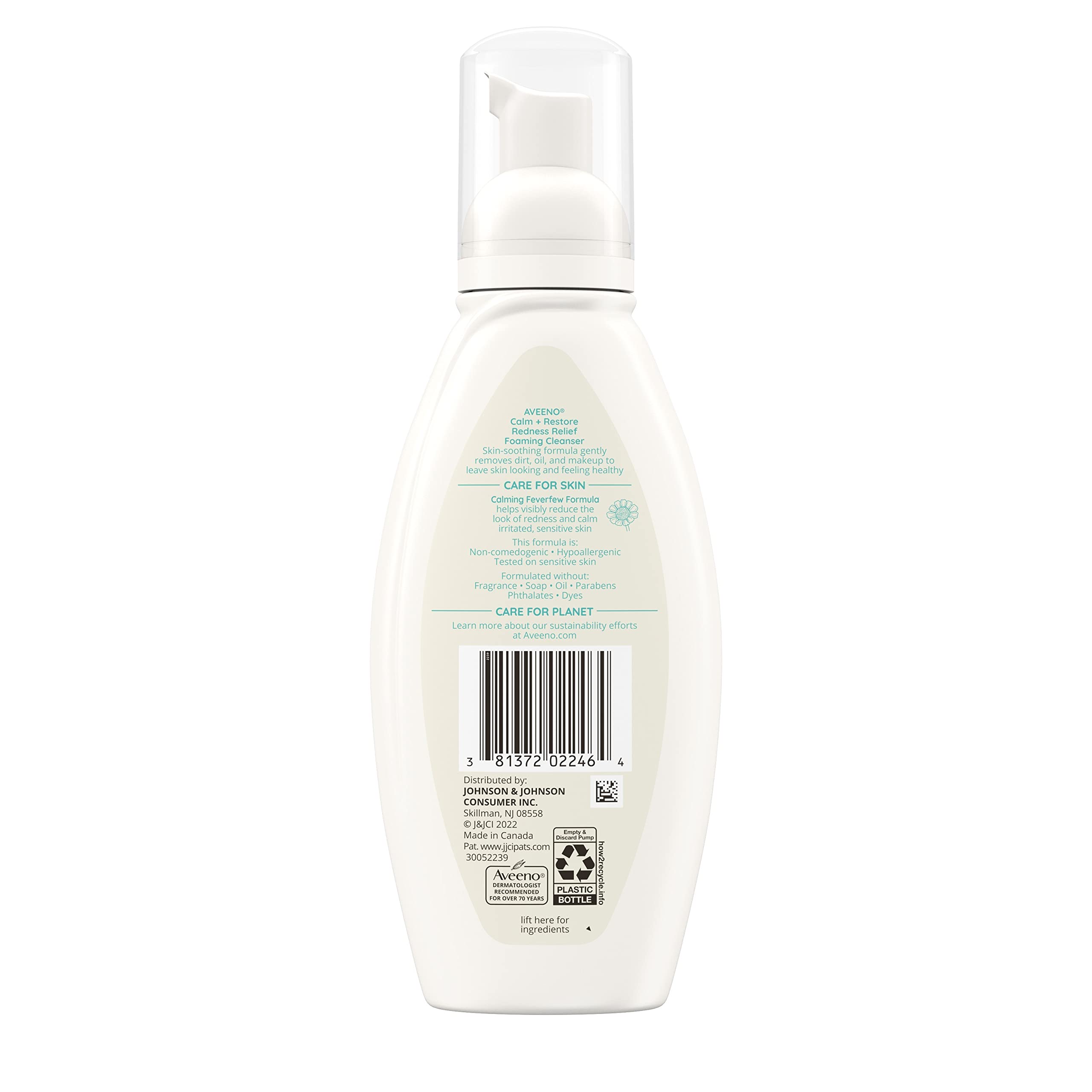 Aveeno Calm + Restore Redness Relief Foaming Cleanser, Daily Facial Cleanser With Calming Feverfew to Help Reduce the Appearance of Redness, Hypoallergenic & Fragrance-Free, 6 fl. oz