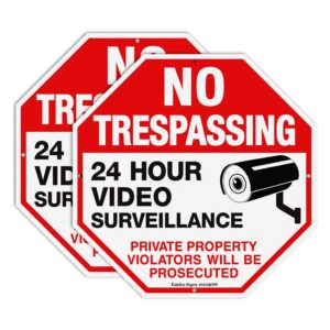 no trespassing sign private property protected by video surveillance violators will be prosecuted sign, 2-pack 10 x 10 inch reflective aluminum, uv protected, weather/fade resistant, easy to install