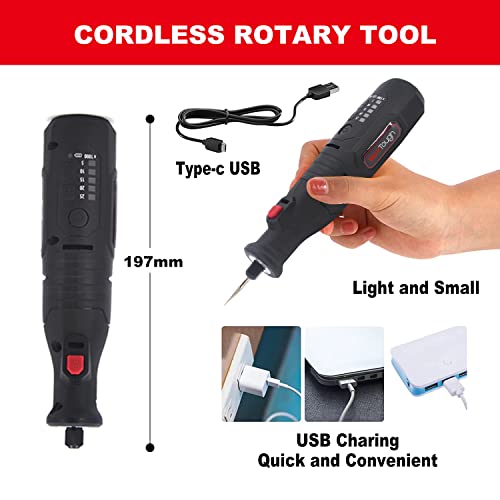 Powertough Cordless Rotary tool with 99pcs accessories Mini Grinder with 2.0A 8v Battery 5 speed 4 front LED light high speed low vibration (Cordless Rotary tool with 99pcs accessories)