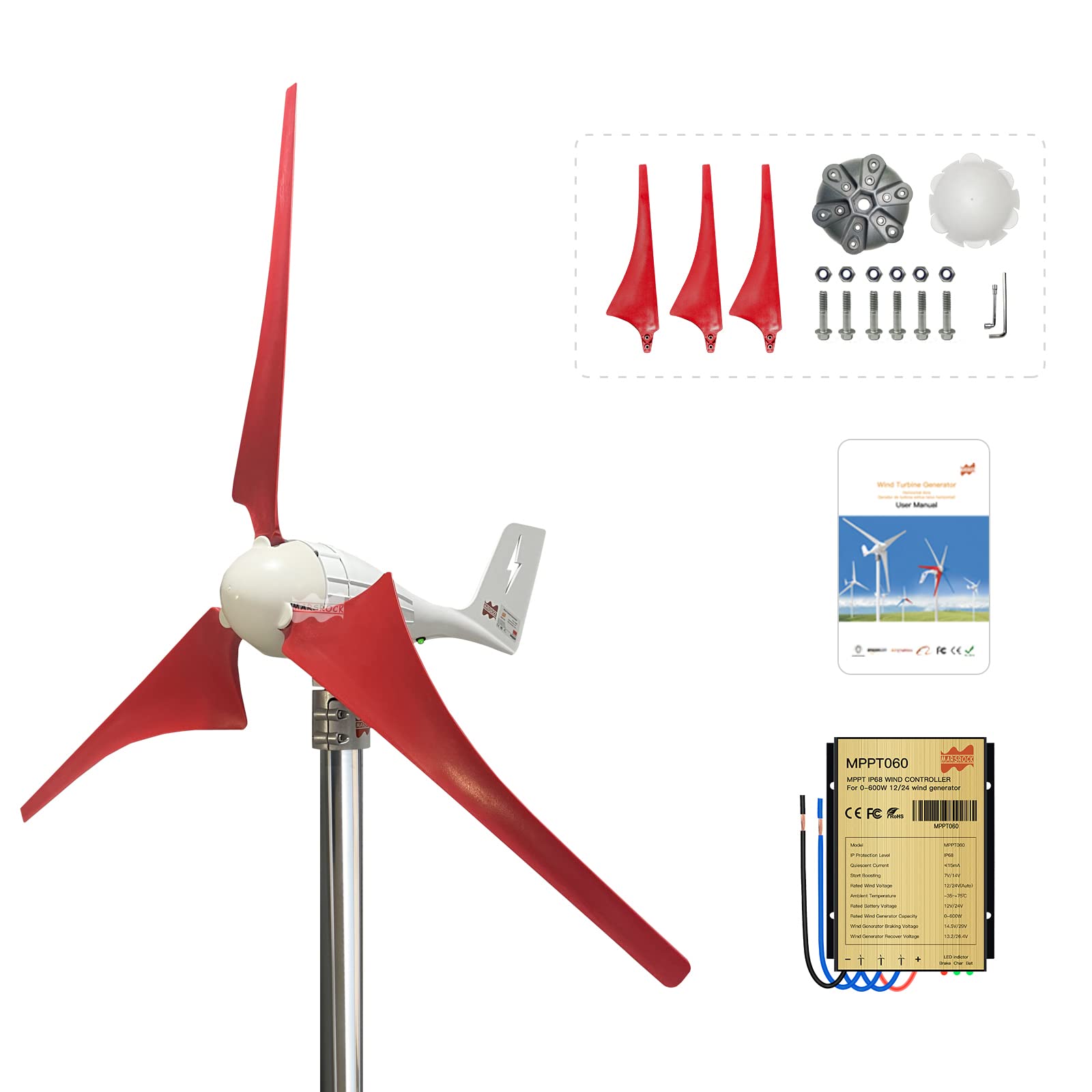 Mars Rock Small Wind Turbine Wheel Hub And Cap 3 Vanes Blades’ Screws & Nuts Kit For Horizontal Wind Turbine Generation DIY 100w To 1000w Small Windmill Accessories Parts