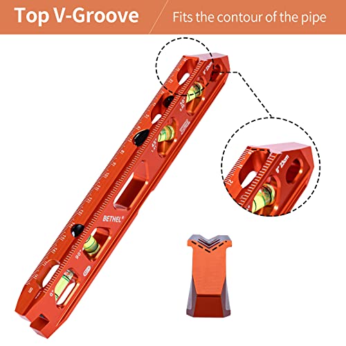 BETHEL Torpedo Level, Magnetic Conduit Level with 4 Vials, V-Groove and Magnet Track, Aluminum Alloy Construction, High Viz Orange (9 inch)