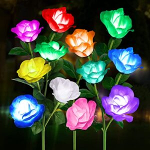 basudio solar garden lights, 7 color changing solar rose garden decorations, 3 pack solar outdoor lights decorative flower waterproof for outside yard flowerbed pathway christamas gift