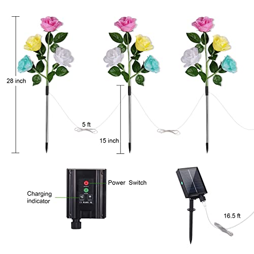 BASUDIO Solar Garden Lights, 7 Color Changing Solar Rose Garden Decorations, 3 Pack Solar Outdoor Lights Decorative Flower Waterproof for Outside Yard Flowerbed Pathway Christamas Gift