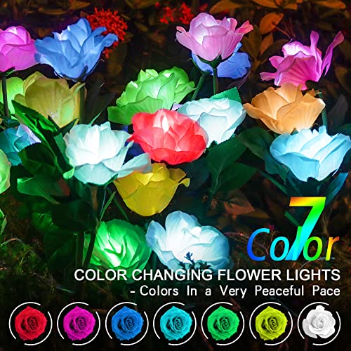 BASUDIO Solar Garden Lights, 7 Color Changing Solar Rose Garden Decorations, 3 Pack Solar Outdoor Lights Decorative Flower Waterproof for Outside Yard Flowerbed Pathway Christamas Gift