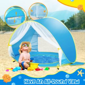 Monobeach Baby Beach Tent, Beach Canopy Sun Shelter UPF50+ UV Protection Baby Pool with Canopy, Easy Set Up Pop Up Baby Beach Shade Pool for Toddlers Outdoor Camping Pool Fun (Front Mesh Blue)